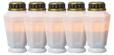 Produktbild von LED Grablicht - Grabkerze - orange flackernd - Timer- H: 15,5cm - für Außen - weiß - 5er Set