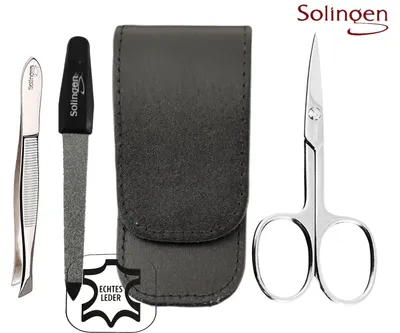 Produktbild von 3-teiliges Solingen Maniküre Set mit Leder Etui, Nagelschere, Feile, Pinzette,  Germany Schwarz
