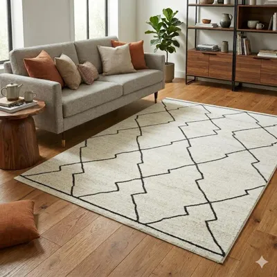 Produktbild von Design Teppich Creme Grau Rauten modern elegant Wohnbereich stilvoll Größe - 80 x 150 cm
