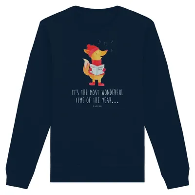 Produktbild von Mr. & Mrs. Panda Baumwoll Pullover Fuchs Sänger Größe L - French Navy - Geschenk, Pulli, Winter, Sweatshirt, Weihnachten, Singen, Heiligabend, Sweater, Weihnachtslieder
