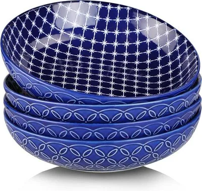 Zdjęcie produktu dla Zestaw porcelanowych miseczek, 4 sztuki, 8,5 cala, niebieskie, płaskie