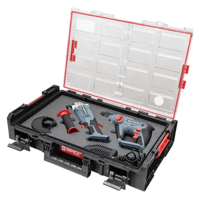 A tool case with two power tools and accessories inside, with the lid open.