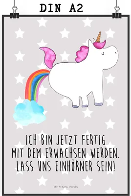 Produktbild von Mr. & Mrs. Panda Bild Einhorn Pupsen DIN A2 - Grau Pastell - Geschenk, Glitzer, Kunstdruck, Lustig, Unicorn, Freundin, drucke, poster, wanddeko, Regenbogen, Wandbild