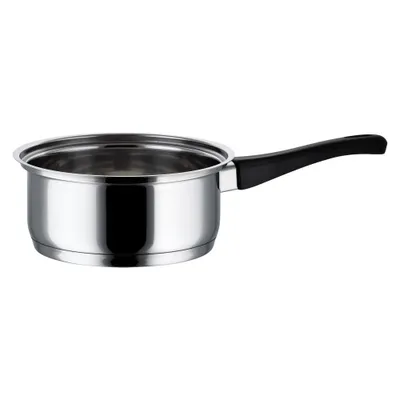 A single stainless steel saucepan with a black handle is shown against a white background.