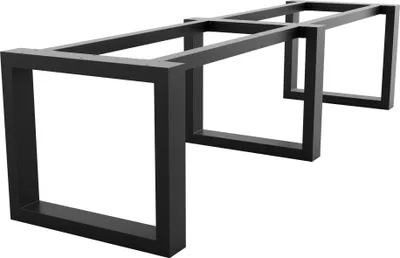 A black metal table base with a geometric, rectangular frame design, shown from a low angle against a white background.