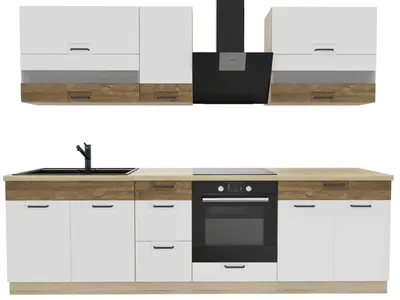 Productafbeelding van Keukenwand 270 cm - FAVORIT A - Wit hoogglans en Sonoma eikenhout - Zonder werkblad - Inbouwkeuken met metalen lades - Keuken voor één persoon