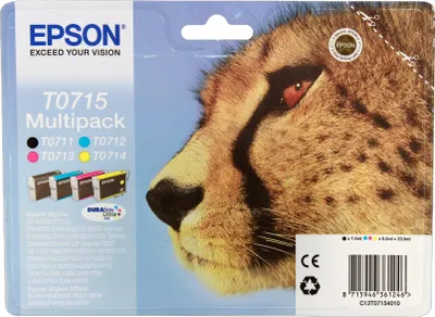 The image shows the packaging of an Epson ink multipack with a cheetah's face prominently featured.