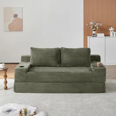Produktbild von Cord Schlafsofa 2-in-1, Klappsofa mit Getränkehalter und Stauraum