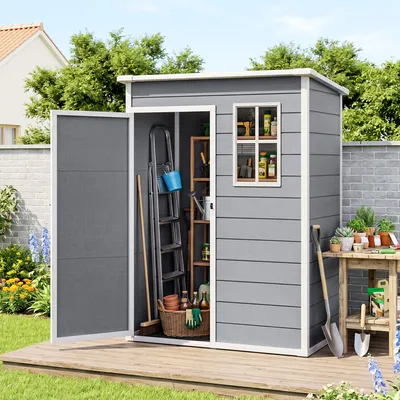 Productafbeelding van Sweiko tuinhuis, kunststof, 1,14 m², 151 x 92 x 193 cm, tuinhuis met schilddak, inclusief vloer, raam, kleur grijs