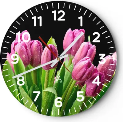 Produktbild von Wanduhr - Rund - Glasuhr - Tulpen Blumenstrauß Tau Tropfen - 40x40cm - Schleichendes Uhrwerk - Lautlos - zum Aufhängen bereit - Dekoration Modern - Wanddekoration aus Glas - C4AR40x40-2486