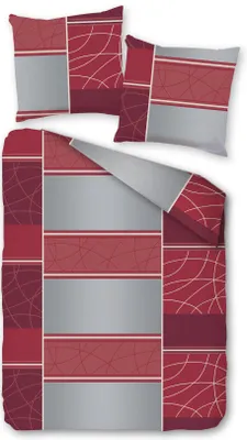 A bedding set with two pillowcases and a duvet cover, laid out flat on a white background.