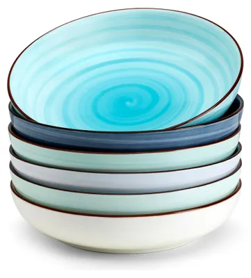 Produktbild von Pastaschalen, 6er-Set, Keramik, Salatteller für Spülmaschine und Mikrowelle, stabile Salatschalen, Suppenschalen, tiefe Teller, geriffelte Kanten, ofenfeste Porzellanteller, Servierschalen