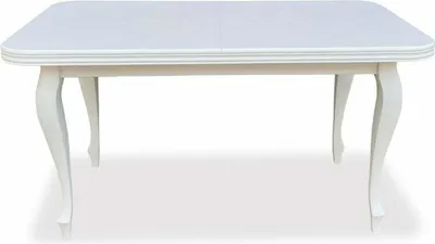 A white dining table with ornate legs, presented against a white background.