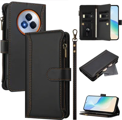 Produktbild von Handyhülle für Realme Narzo 80 Pro Reißverschluss Geldbörse Kunstleder Klapphülle mit Kartensteckplatz, Ständer, Handschlaufe Schwarz