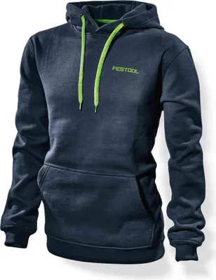 A dark navy blue hoodie with bright green drawstrings and a small green logo on the chest.