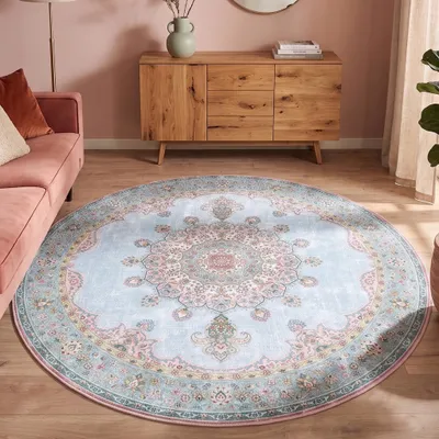 Produktbild von Volero - Teppich Vintage Rund - Lily Medaillon Hellblau Türkis - Ø 120 cm - Wohnzimmer, Esszimmer, Schlafzimmer - Klassik
