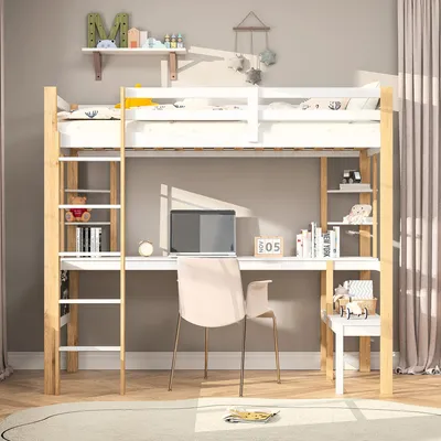 Produktbild von Kinder-Hausbett - Etagenbett aus Holz - 90 x 200 cm - Sicherheitsgitter - Stauraum - Schreibtischplatz - Weiß