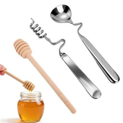 Produktbild von Set aus 3 Holz- und Edelstahl-Löffeln für Honig, Marmelade und Joghurt, 15 cm