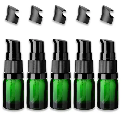 Produktbild von 5x Grüne Glasflasche 5 ml mit schwarzer Pumpe Glasfläschchen leer Set