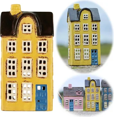 Produktbild von LS-LebenStil Lichterhaus Nyhavn 20cm Gelb Blau Keramik Teelichthaus Fachwerkhaus Teelichthalter Windlicht Kerzenständer Wohnzimmer, Fensterbank