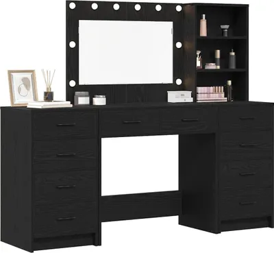 Produktbild von Schminktisch mit Regal 3 pcs Schwarz Eichen-Optik Holzwerkstoff