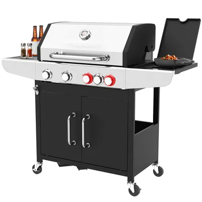 A gas grill with its lid open, showing the burners and a small pan of food on the side. There are also two bottles and two shakers on the side shelf.