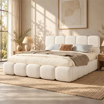 Imagen del producto de Cama hidráulica acolchada Flieks de 200x200 cm con espacio de almacenamiento, cama doble con espacio de almacenamiento, somier de láminas, cama juvenil de madera con cabecero, tejido bouclé, color blanco