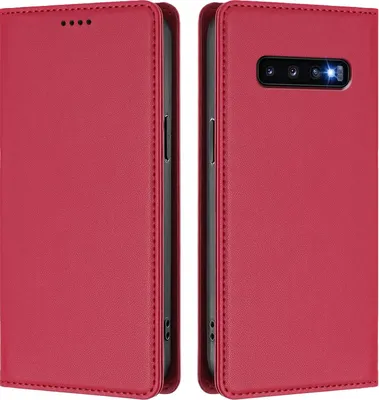 Produktbild von Handyhülle für Samsung Galaxy S10 Plus, Kunstleder Klapphülle Stoßfeste Magnetische Hülle mit Ständer Rot