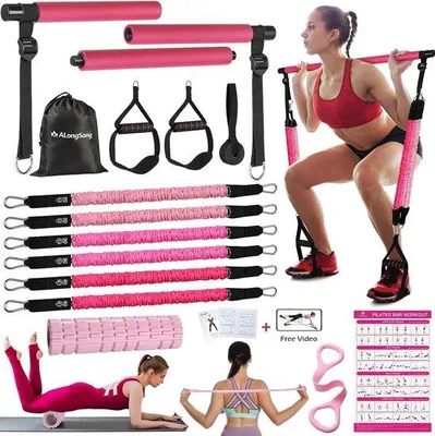 Produktbild von Famanu Fitnessset mit 6 Widerstandsbändern - Pilatesstange, verstellbar, vielseitig