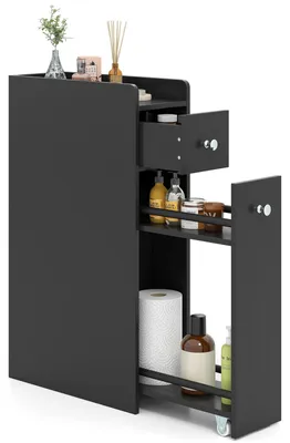 Produktbild von Badezimmerschrank schmal, Toilettenseitenschrank, Schubladen, 3 Rollen, bodenstehend, platzsparend, Wohnzimmer, Waschraum，Schwarz