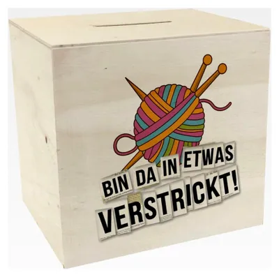 Produktbild von Spardose aus Holz mit Wolle und Stricknadeln für Strickliebhaber