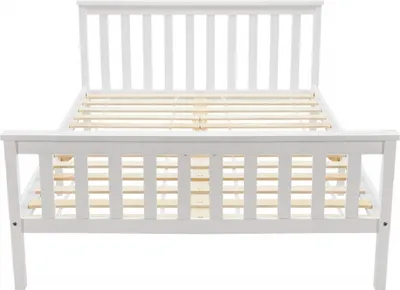 A white wooden bed frame with a slatted base, shown from the front.