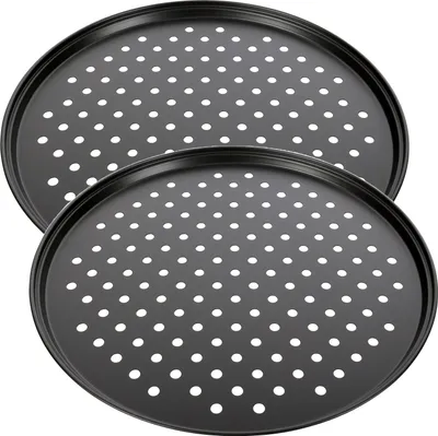 Produktbild von Schramm® 2, 4 oder 10 Stück Stück Pizzableche gelocht rund ø 33 cm wählbar mit und ohne Ständer Pizza Bleche Rundbleche beschichtet antihaft Beschichtung Pizza-Back-Set, Größe:2 Stück