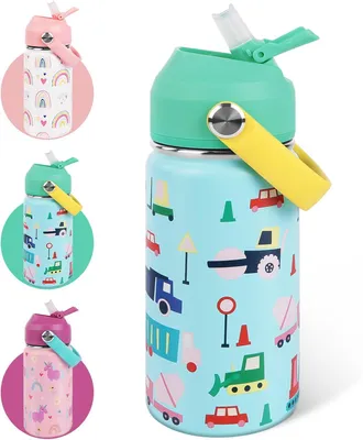 Imagen del producto de Botella de agua de acero inoxidable, aislada al vacío, de 350 ml, sin BPA, con pajita, para niños