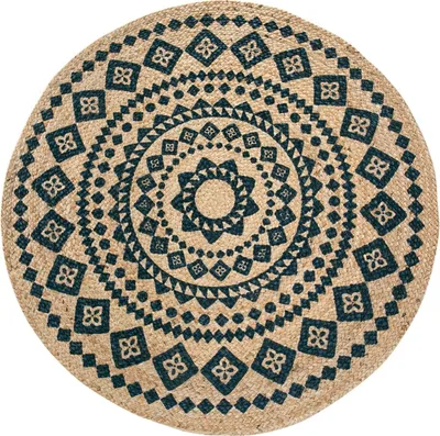Produktbild von Teppich Jute Rund 80 cm Natur-Blau - Naturfaser handgeflochten Juteteppich - Boho Naturteppich handgefertigt