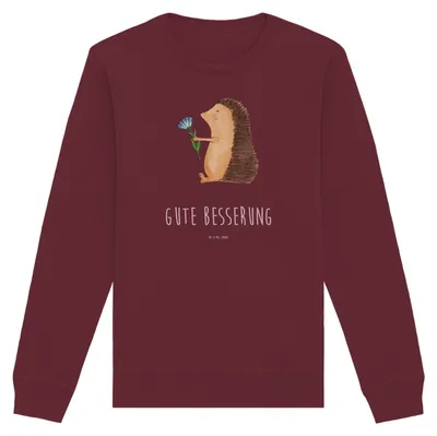 Produktbild von Mr. & Mrs. Panda Baumwoll Pullover Igel Blumen Größe L - Burgundy - Geschenk, Genesungswünsche, krank, Sweater, Lustige Sprüche, Krankheit, Sweatshirt, Bio, Krankenhaus