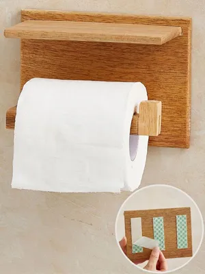 Obrázok produktu pre DEKAZIA® Drevený držiak na toaletný papier s odkladacou plochou – Držiak na toaletný papier  Držiak na toaletné rolky z mangového dreva – Držiak na toaletné rolky bez vŕtania, samolepiaci do kúpeľne  Nástenný