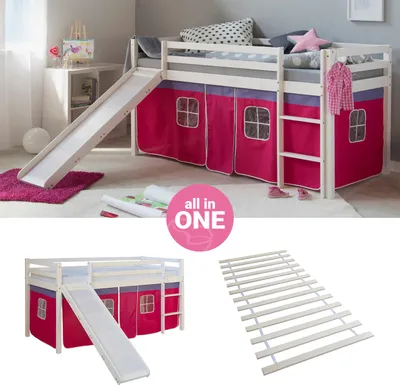Produktbild von Homestyle4u Hochbett 90x200 mit Rutsche Lattenrost Vorhang pink Kinderbett Weiß Holz Kiefer Massiv Stockbett