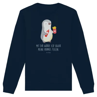 Produktbild von Mr. & Mrs. Panda Baumwoll Pullover Pinguin Pommes Größe L - French Navy - Geschenk, Sweatshirt, Pulli, Valentinstag, Sweater, Hochzeitstag, Jahrestag, Freundin, für
