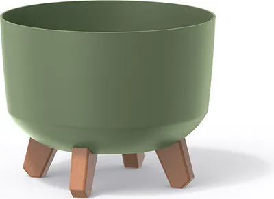 A green planter with wooden legs on a white background.