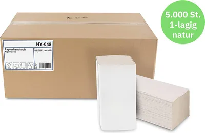 Produktbild von Hypafol Papierhandtücher für Spender | Recycling, 1-lagig, 25 x 23 cm | 5.000 Blatt | ZZ/V-Falz geeignet für Handtuchspender in Toiletten, Büros, Praxen und Studios