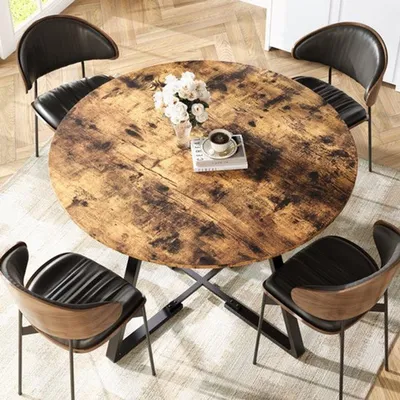 Image de Table de salle à manger de 120 cm - Table ronde rustique pour la cuisine, avec structure métallique, pour 4 personnes