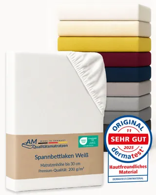 Produktbild von AM Qualitätsmatratzen | Premium Spannbettlaken 180x220 cm | Baumwolle (200gsm) in Weiß |  Germany |  es Bettlaken | Jersey Spannbetttuch | Fitted Sheets | Baumwolle |180 x 220 cm