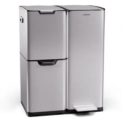 Produktbild von Klarstein Tiyo 3-in-1 Mülleimer - 60L Küchen-Abfalleimer mit Pedale & Soft-Close-Deckel, Edelstahl, herausnehmbare Eimer, Trennsystem, Aufkleber