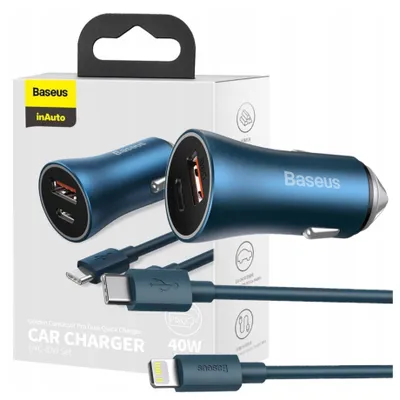 Immagine prodotto di Baseus Golden Contactor Pro Caricabatterie da auto, Usb + Usb-C, Qc4.0+, Pd, Scp, 40W (Blu) + Cavo Usb-C a Lightning 1M (Blu)