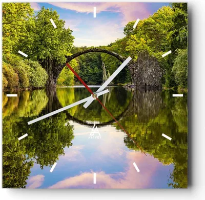Produktbild von Wanduhr - Quadrat - Glasuhr - Park Natur Wasser - 40x40cm - Schleichendes Uhrwerk - Lautlos - zum Aufhängen bereit - Dekoration Modern - Wanddekoration aus Glas - C3AC40x40-3902