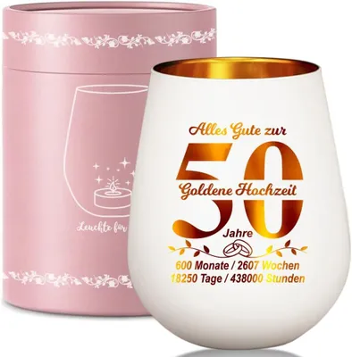 Produktbild von Goldene Hochzeitsgeschenke, Windlicht aus Glas zur 50. Hochzeit, mit Geschenkbox