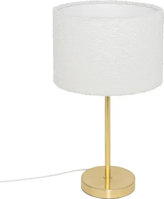 A white table lamp with a textured lampshade and a gold base and stem, shown against a white background.