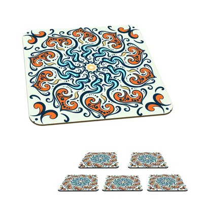 Obrázok produktu pre KitchenYeah® Podložky pod sklo Square Set of 6 Mandala - Orange - Blue - Pattern 10x10 cm Podložky pod poháre - Podložky pod nápoje - Chrániče na stôl - Podložky pod poháre na stôl