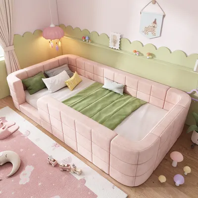 Immagine prodotto di Letto per bambini 90 x 190 cm, color rosa, con rivestimento in chenille, protezioni laterali, ingresso basso e struttura a listelli (senza materasso)